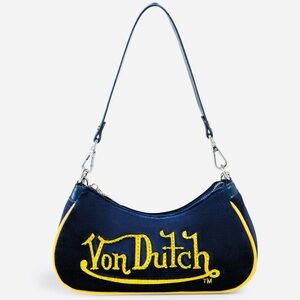 NWT VON DUTCH BLUE & YELLOW RHINESTONE VELVET SHOULDER BAG W CHAIN CHARM